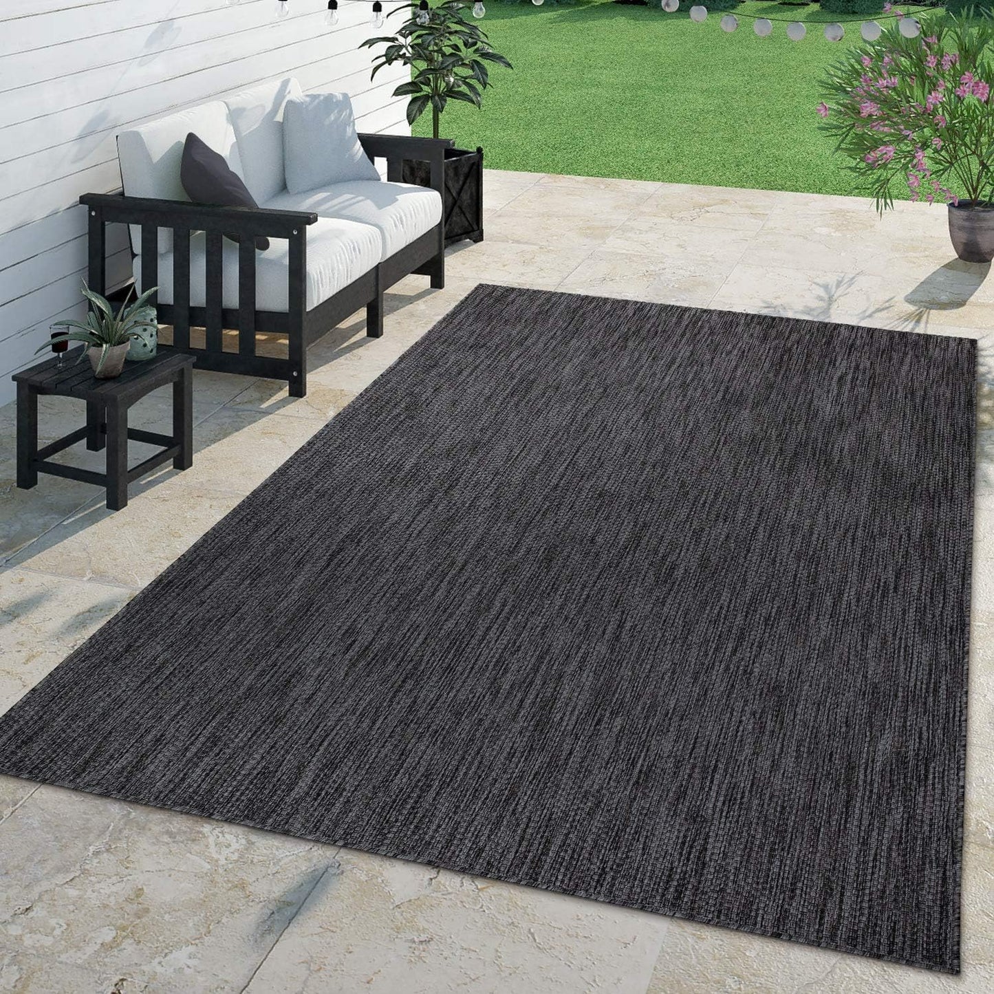 Solid Outdoor Rug for Patio or Balcony Weatherproof Mottled Anthracite