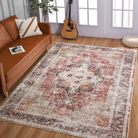 YOH Boho Washable Rug 5x7, Rust Red Vintage Non Slip Area Rug