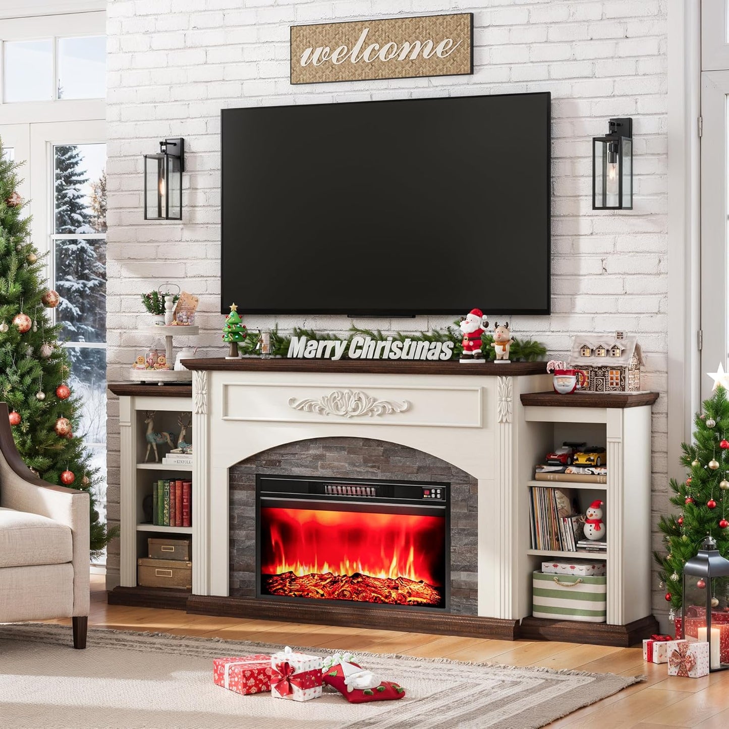 Premium 80 Electric Fireplace TV Stand w/ Stacked Stone Surround & Storage