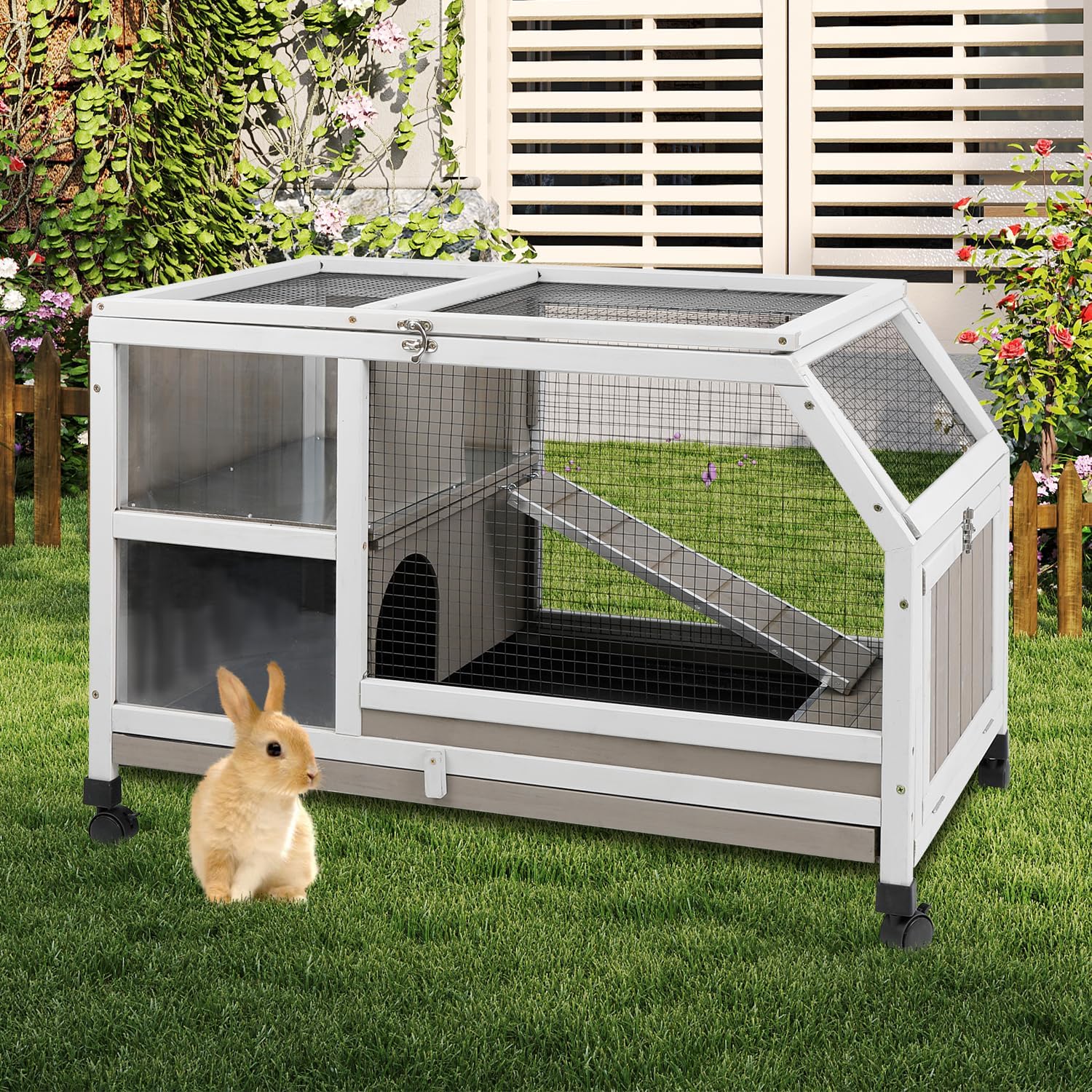 36in Rabbit Hutch Outdoor with Casters for Small Animals