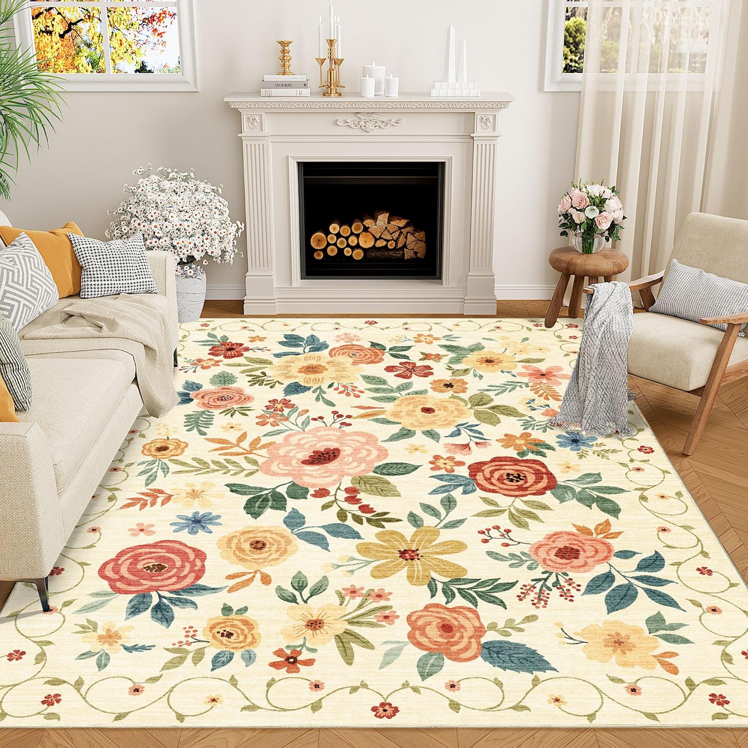 DUKINO 5x7 Area Rug - Lightweight Non Slip Floral Design