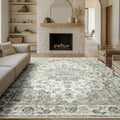 8x10 Washable Neutral Area Rug Green Floral - Low Pile Vintage Soft