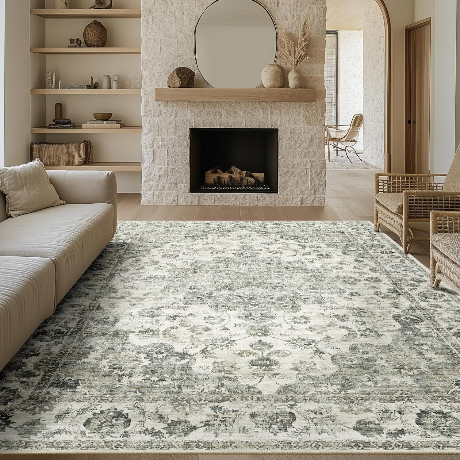 8x10 Washable Neutral Area Rug with Green Floral Design