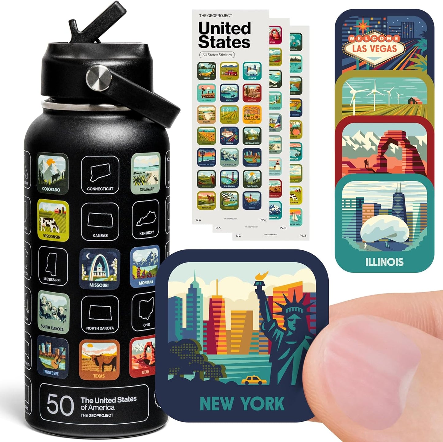 50 States Bucket List Water Bottle with Stickers - 32oz Insulated