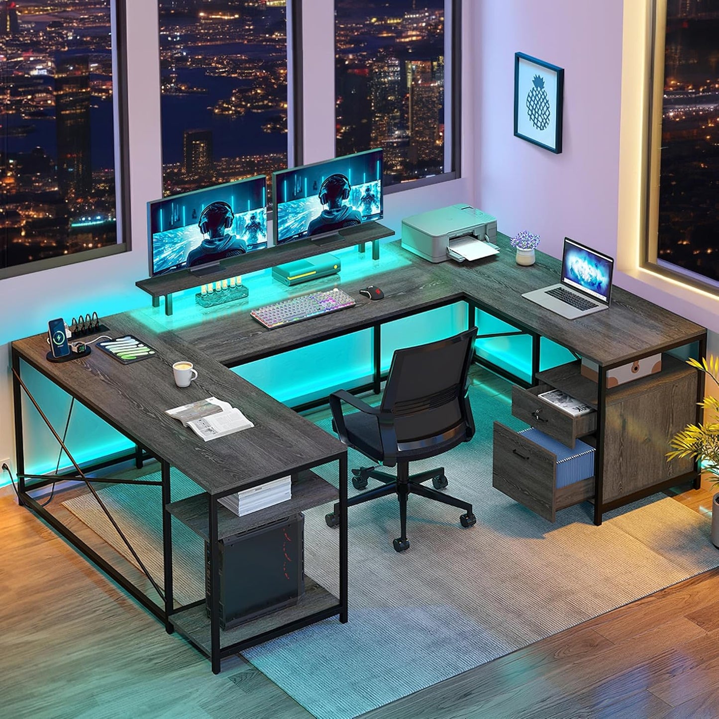 DWVO 79 U-Shaped Desk: Reversible, Power Outlets, LEDs