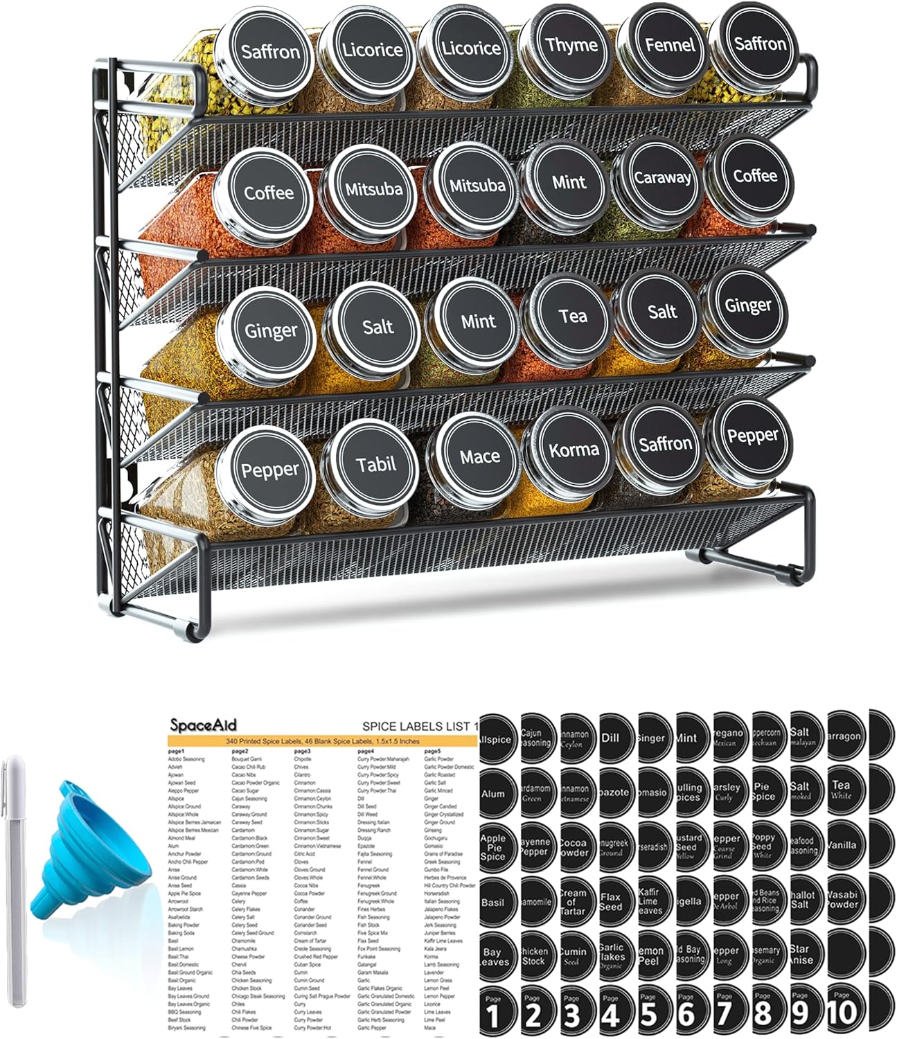SpaceAid Spice Rack Organizer with 24 Jars and Labels Set
