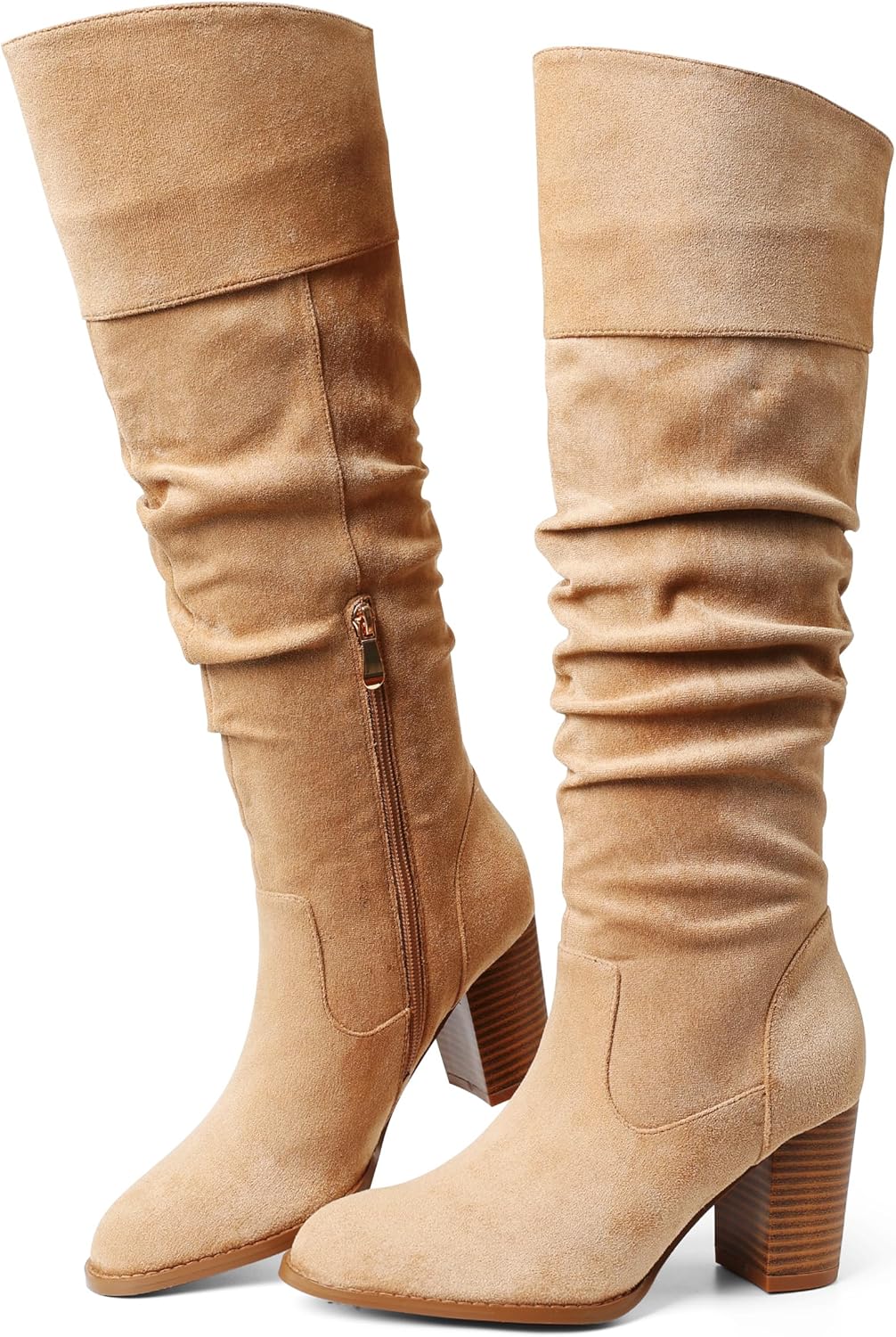 Erocalli Suede Knee-High Boots for Women with Chunky Block Heel