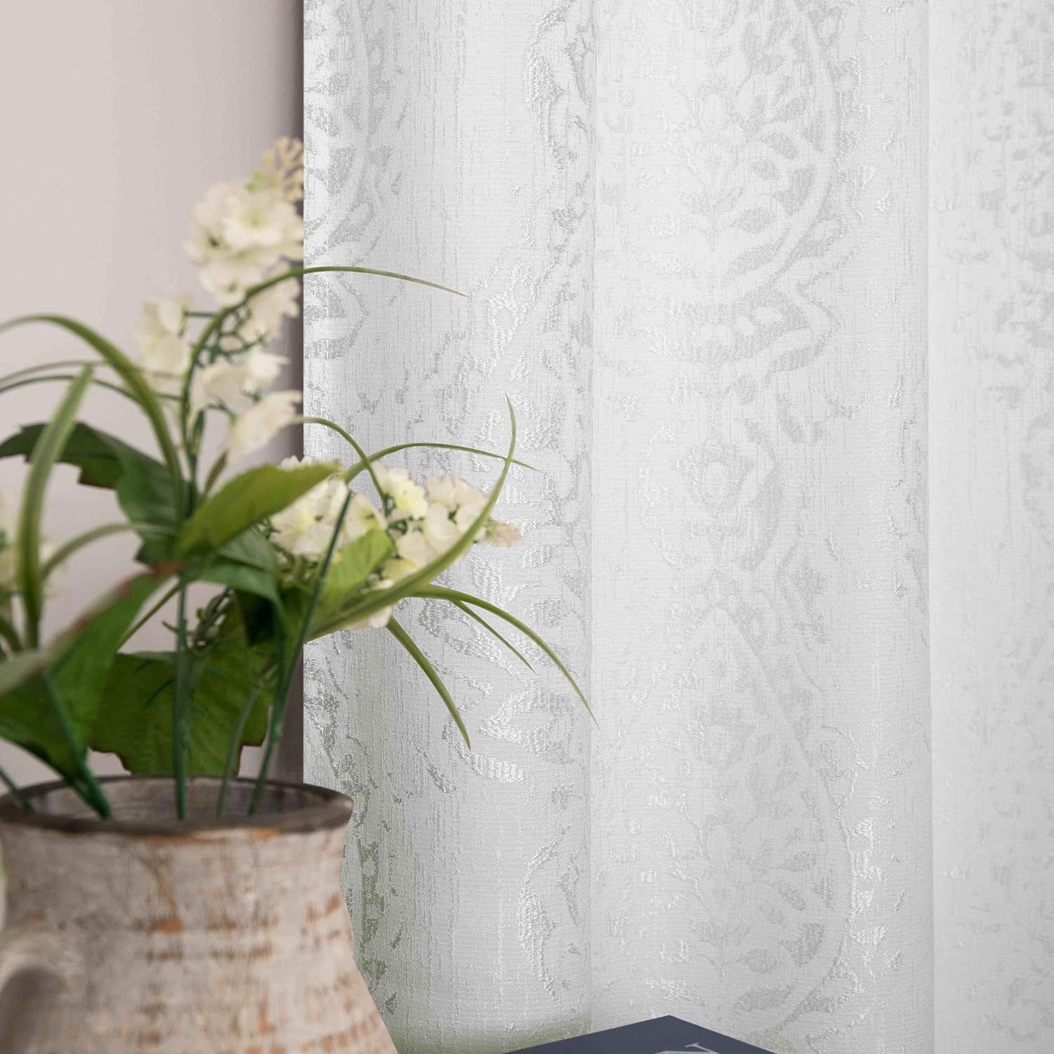 Mrs.Naturall Off White Damask Moroccan Pattern Curtains Set