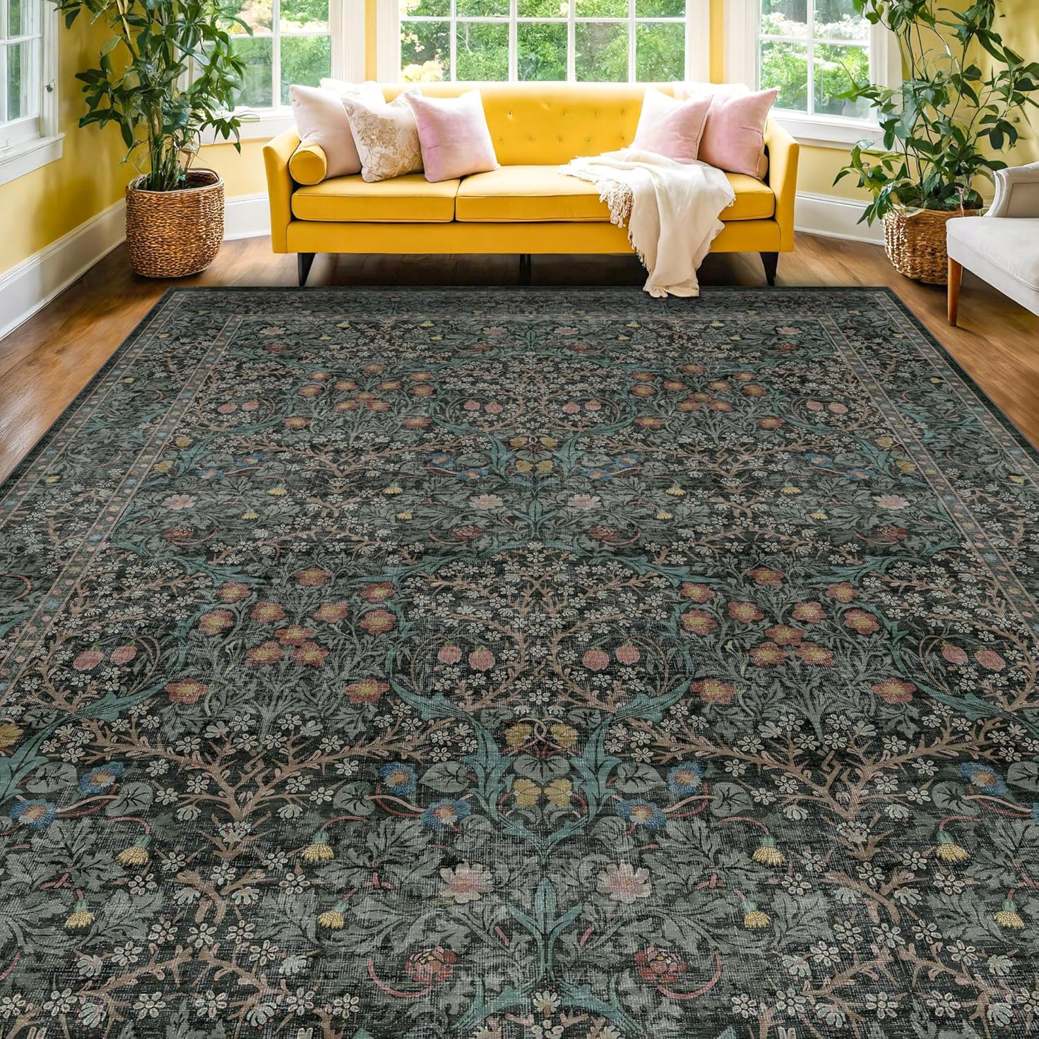 Washable Dark Green Rug for Living Room - Vintage Floral Decor