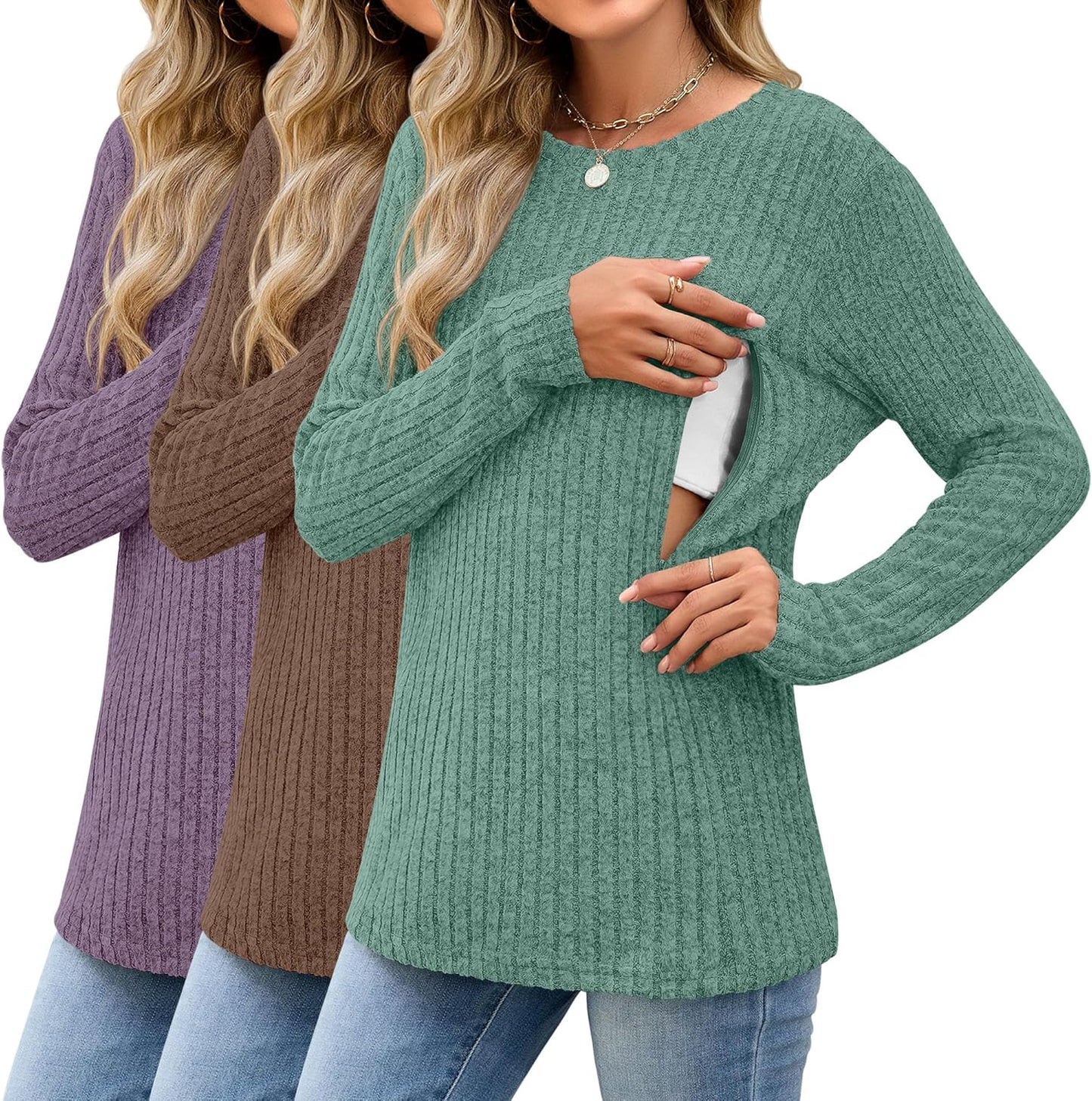 3 Pack Women's Nursing Long Sleeve Tops for Breastfeeding Comfort