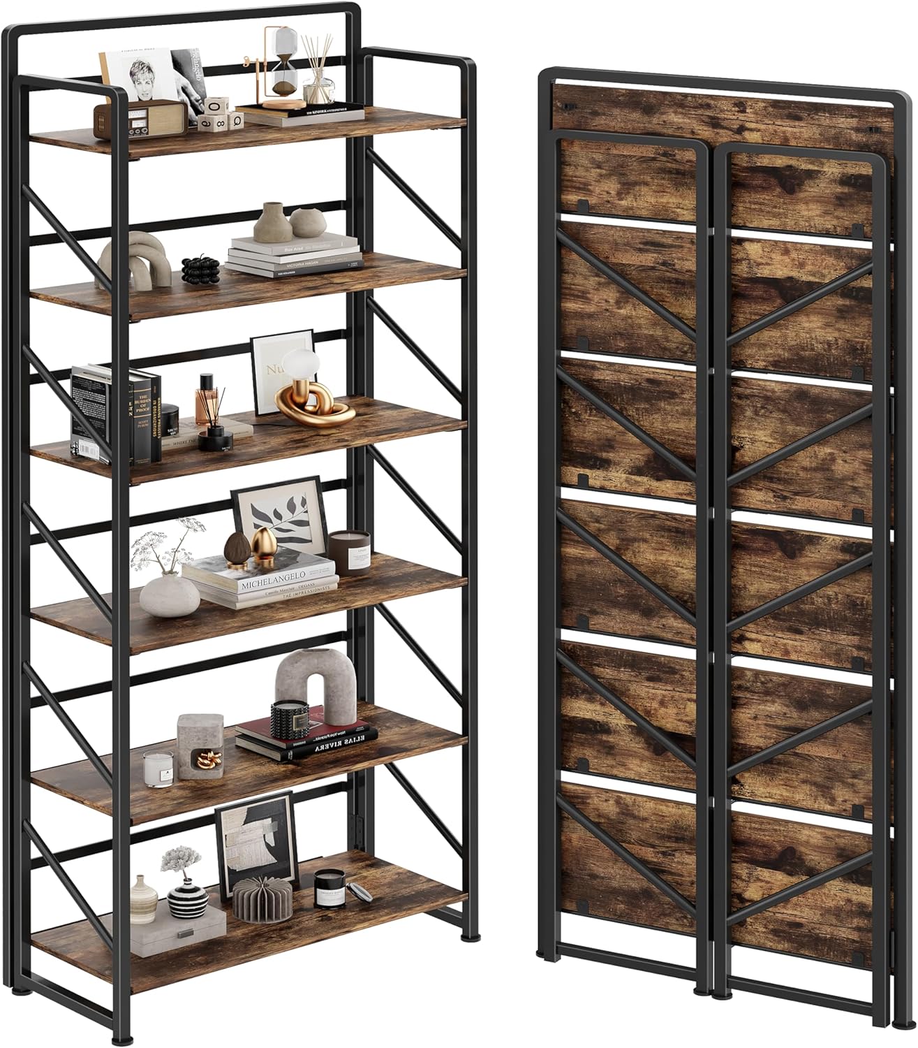 JSB No Assembly Folding Bookshelf: Vintage Wood & Metal Design