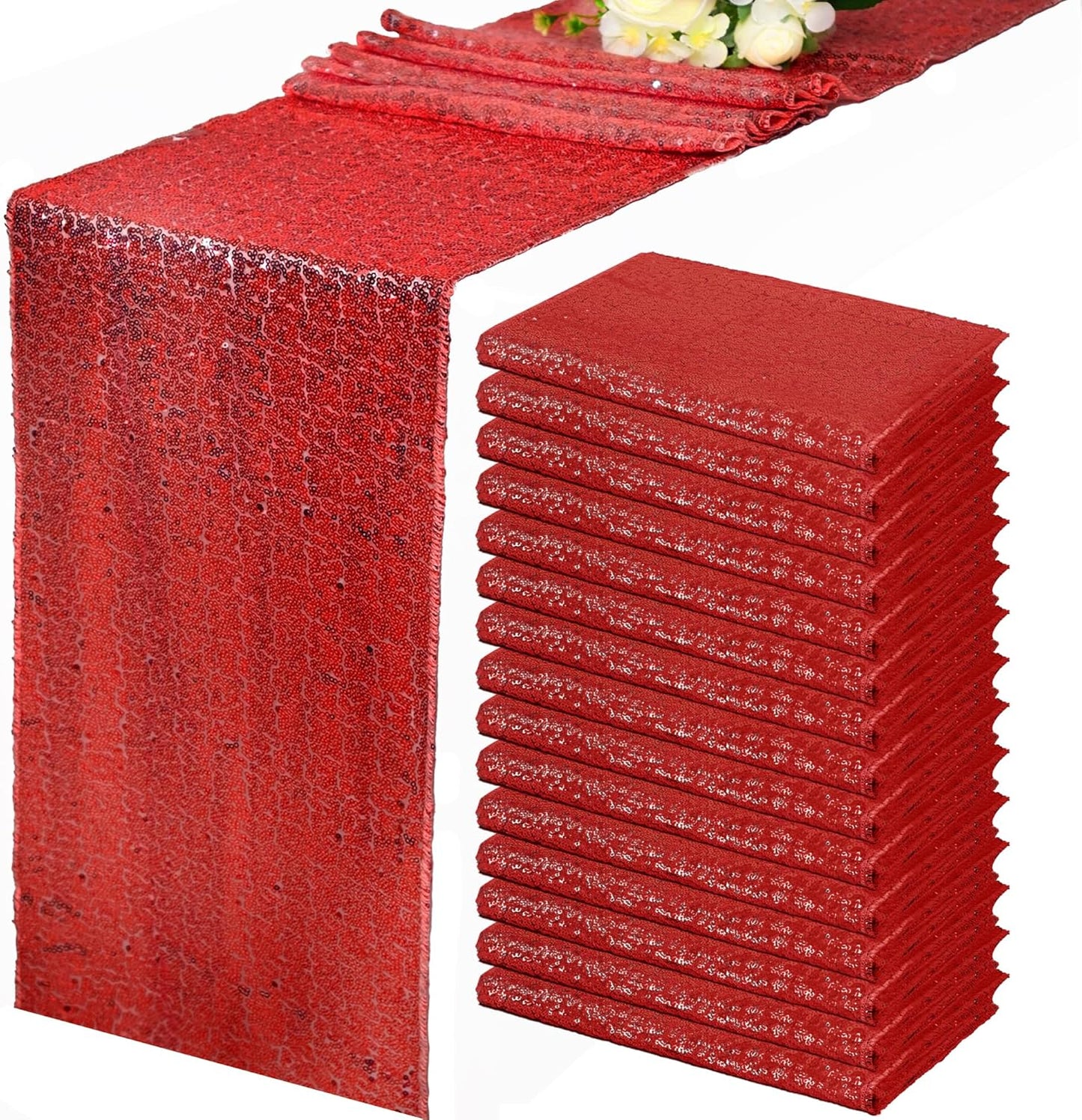 15 Pack Red Sequin Table Runner for Elegant Party Decor