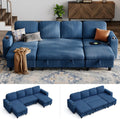 Blue Corduroy Sectional Sleeper Sofa with Storage Chaise - Pull Out