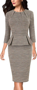 Womens Pleated Crew Neck Peplum Work Pencil Sheath Dress - Office