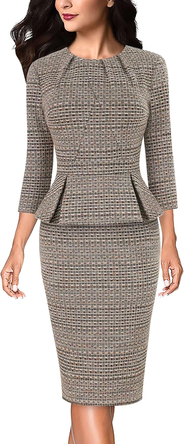 VFSHOW Womens Pleated Crew Neck Peplum Dress for Office Wear