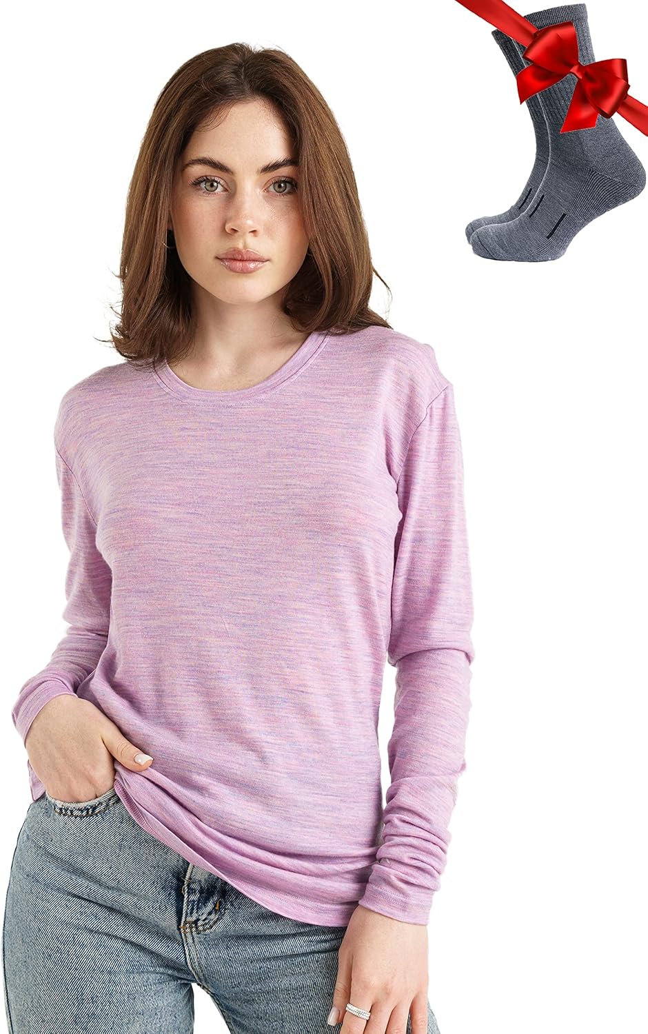 Merino Wool Base Layer Women Long Sleeve Thermal Shirt & Socks