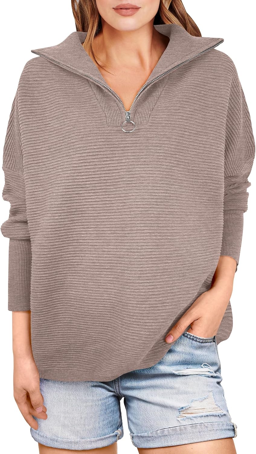 ANRABESS Women Quarter Zip Oversized Cozy Pullover Sweater