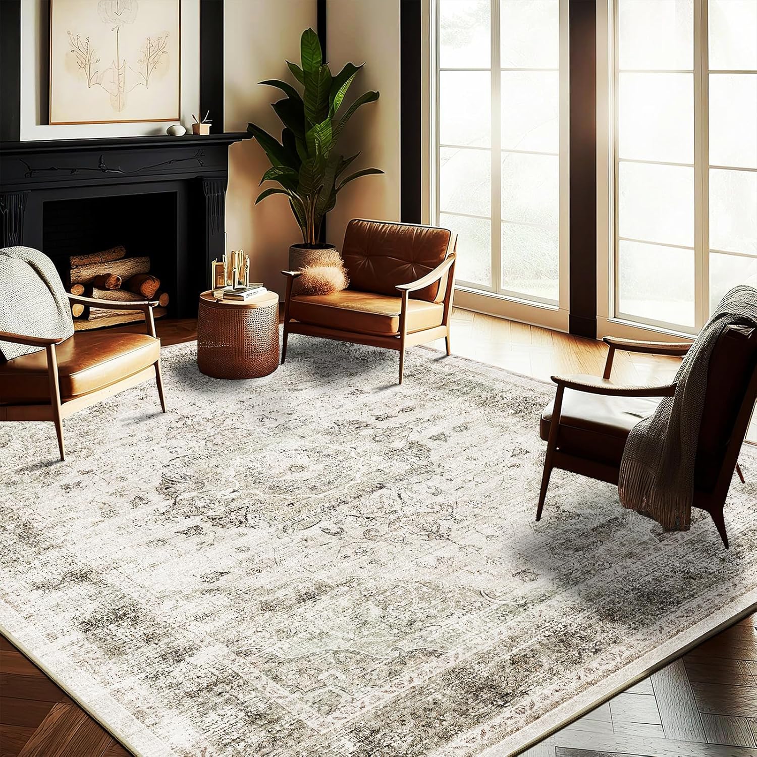 Washable Area Rug 8ftx10ft Retro Floral Design for High Traffic