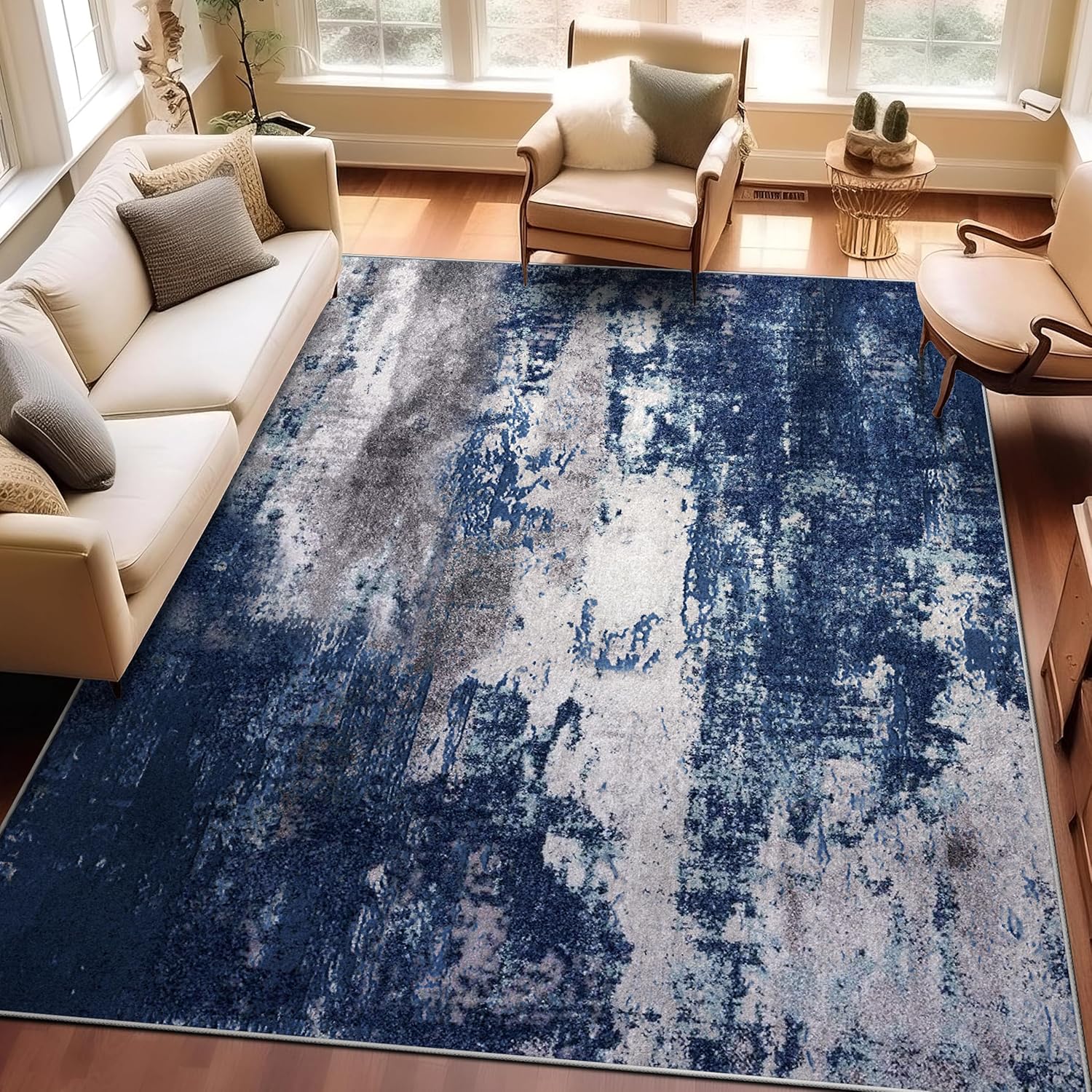 SunNewt 4x6 Navy Blue Modern Rug, Stain-Resistant & Non-Shedding
