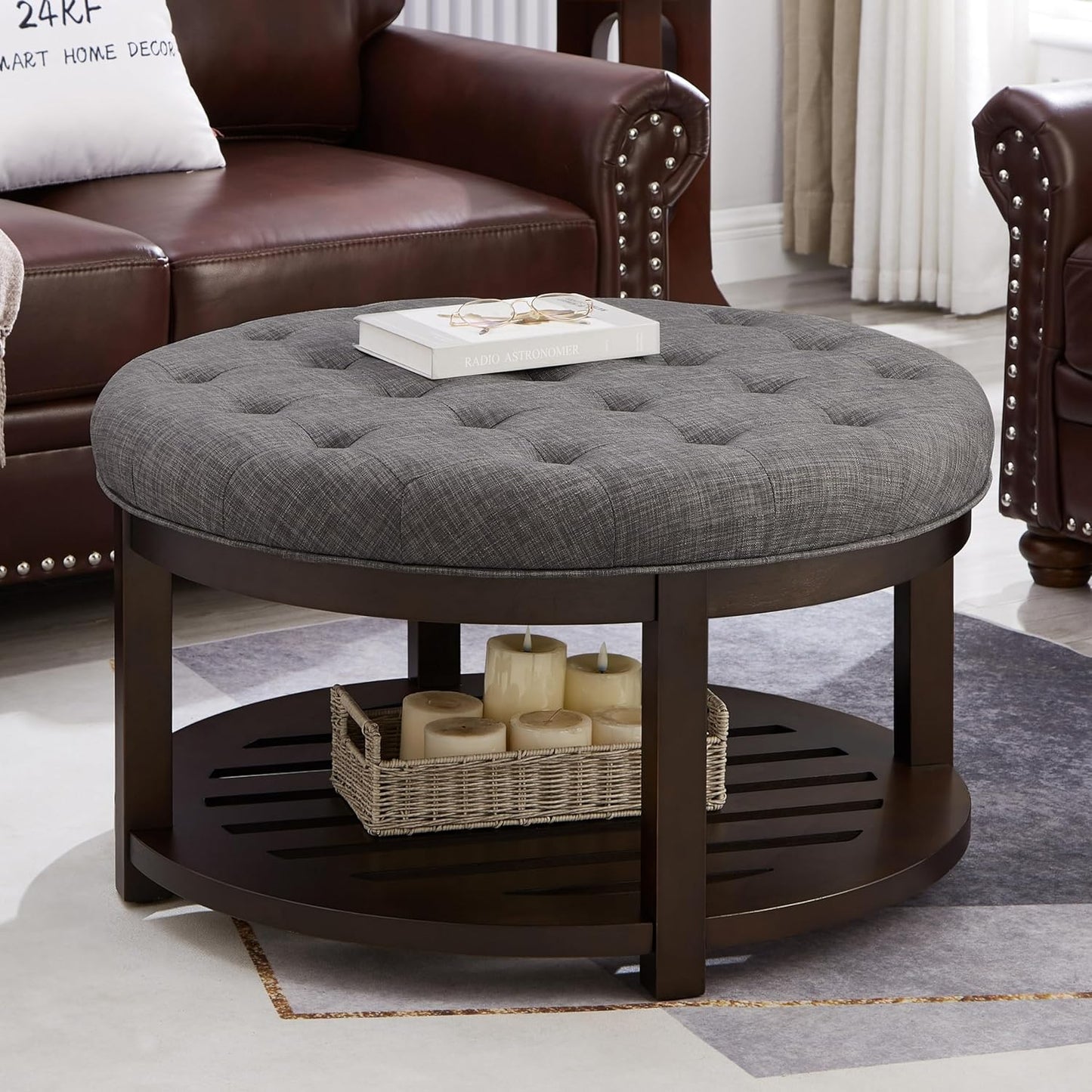 Large Round Upholstered Tufted Ottoman Coffee Table for Living Room