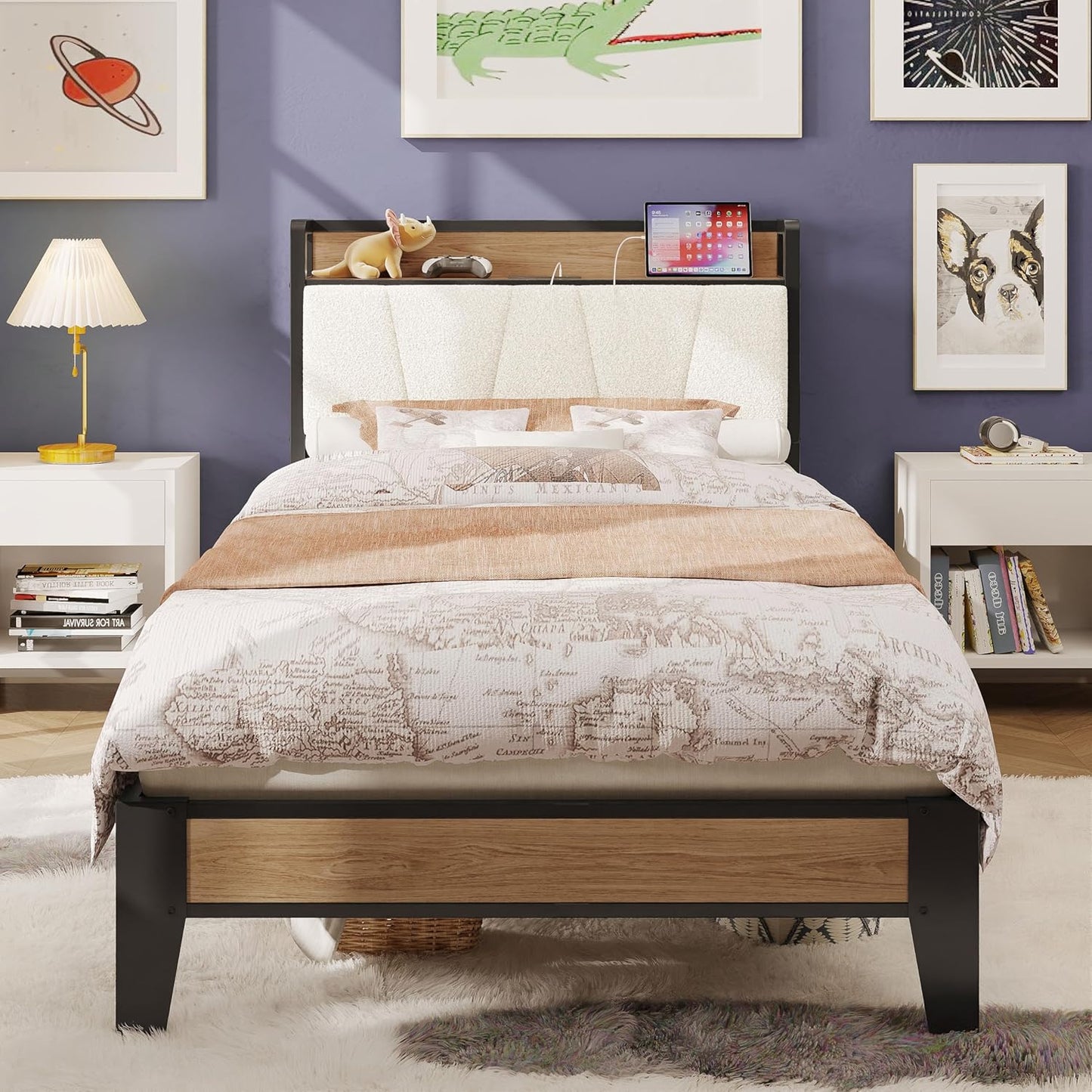 LIKIMIO Twin Bed Frame with Storage Headboard and Charging Station