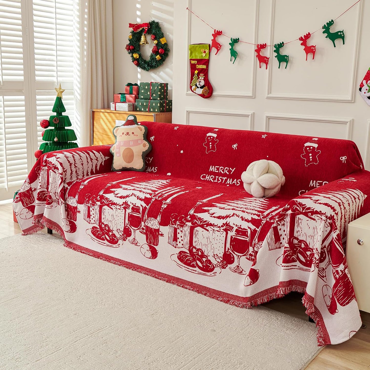 MYSKY HOME Christmas Couch Cover for 2 Cushion Sofa Protection