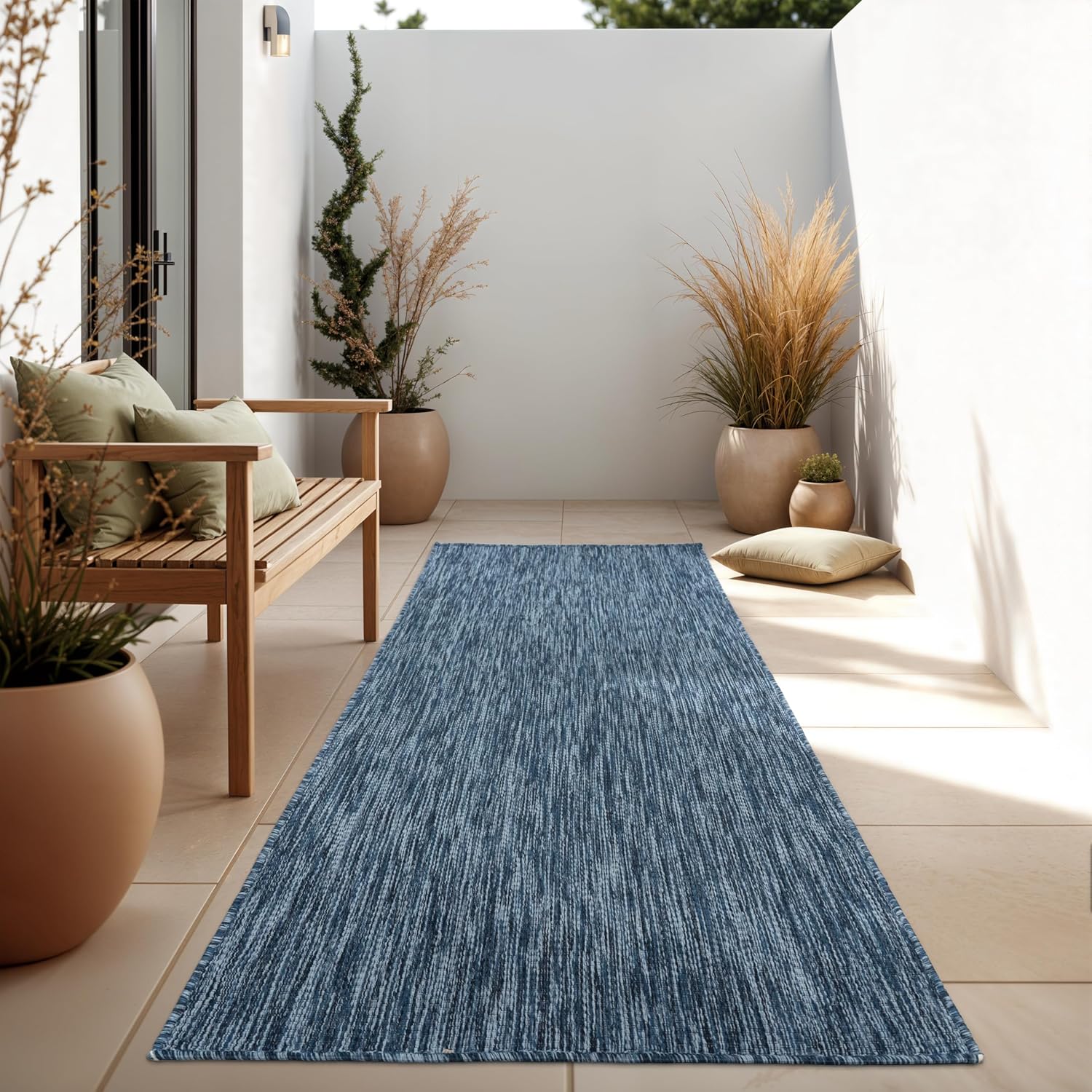 Solid Outdoor Rug for Patio or Balcony in Mottled Blue