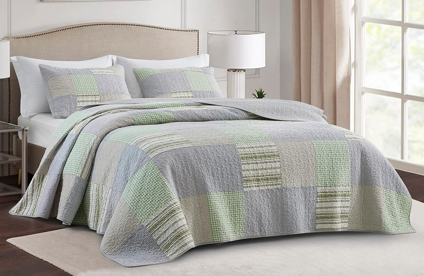 Boho Chic Patchwork Quilt Set - Green Gray White Reversible