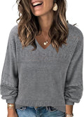 Womens V Neck Lightweight Pullover Sweater - Loose Knit Lantern Sleeve