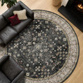 Black Boho Living Room Large Circle Rug - Washable 8ft Round Rug