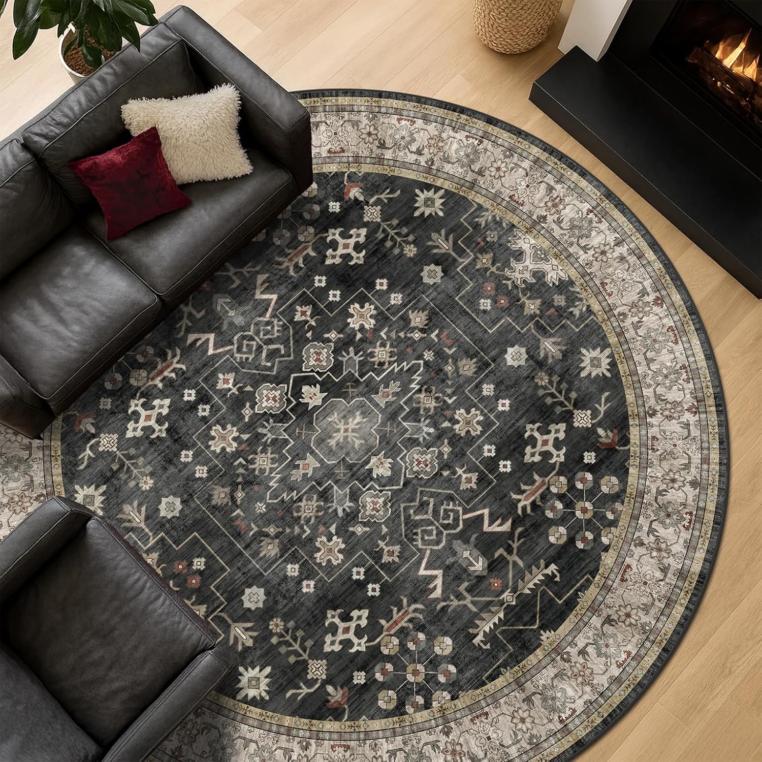 Black Boho Living Room Large Circle Rug - 8ft Washable Round Rug