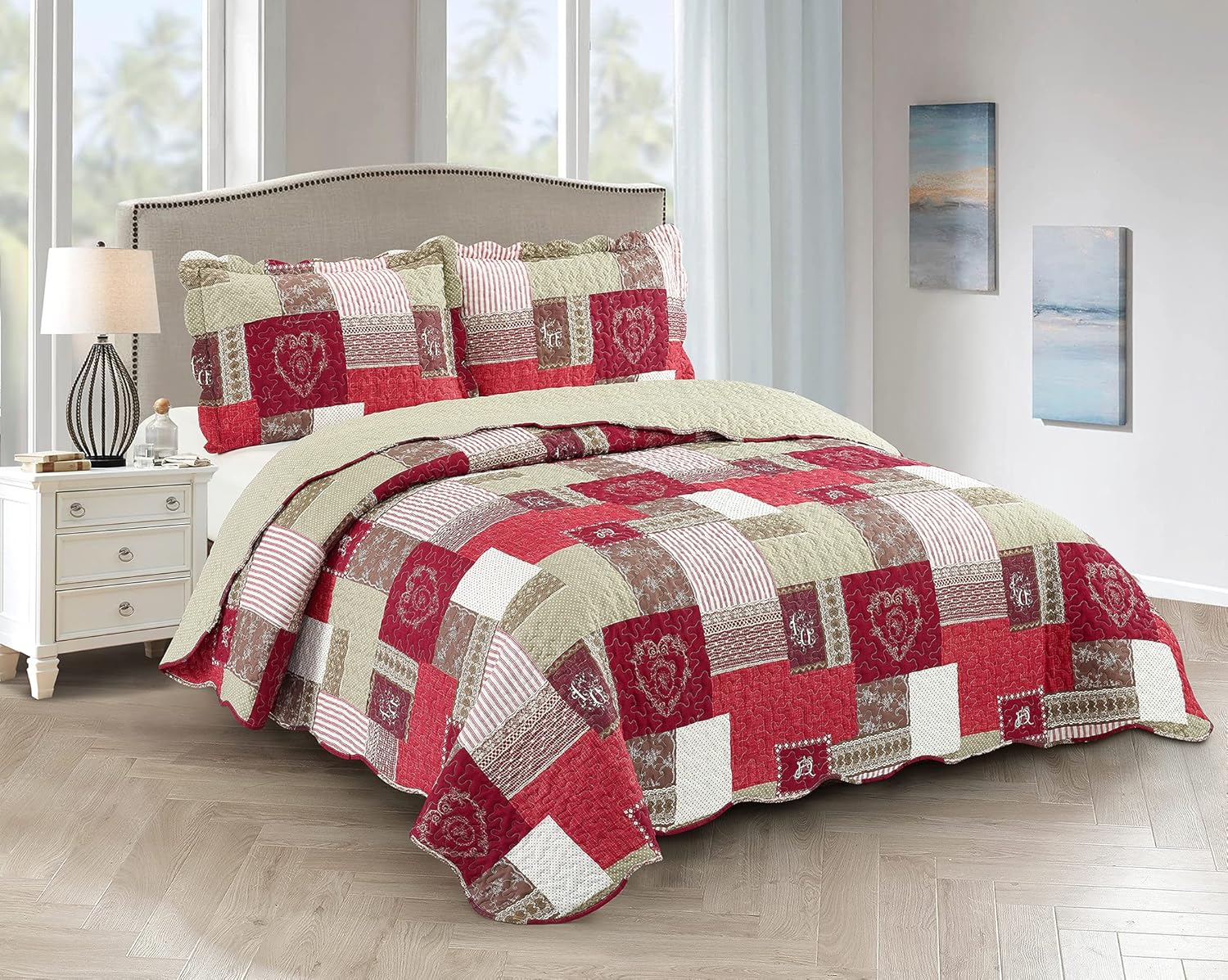 Burgundy Heart Love Floral Lace Patchwork Quilt Set for All Seasons