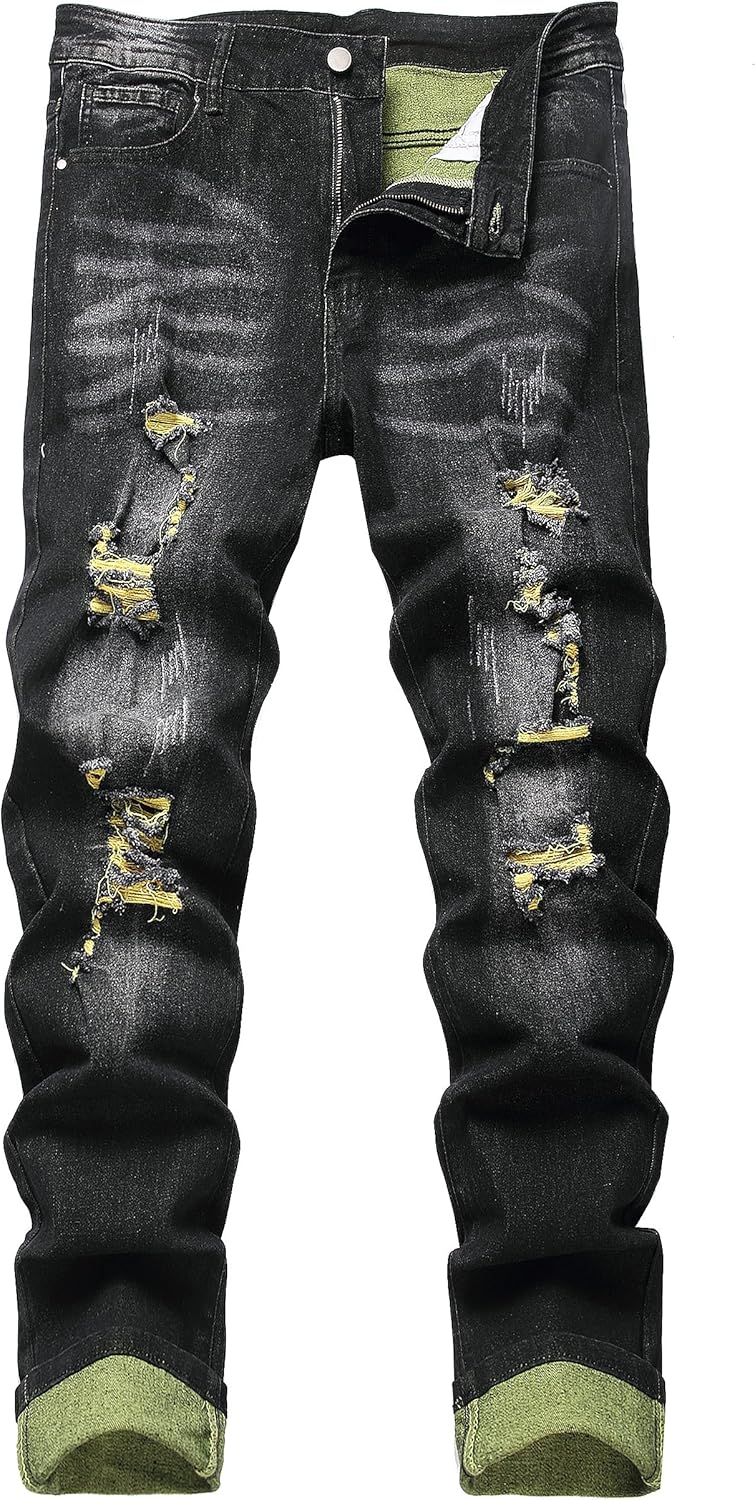 Men's Ripped Jeans Slim Fit Distressed Straight Leg Denim Pants