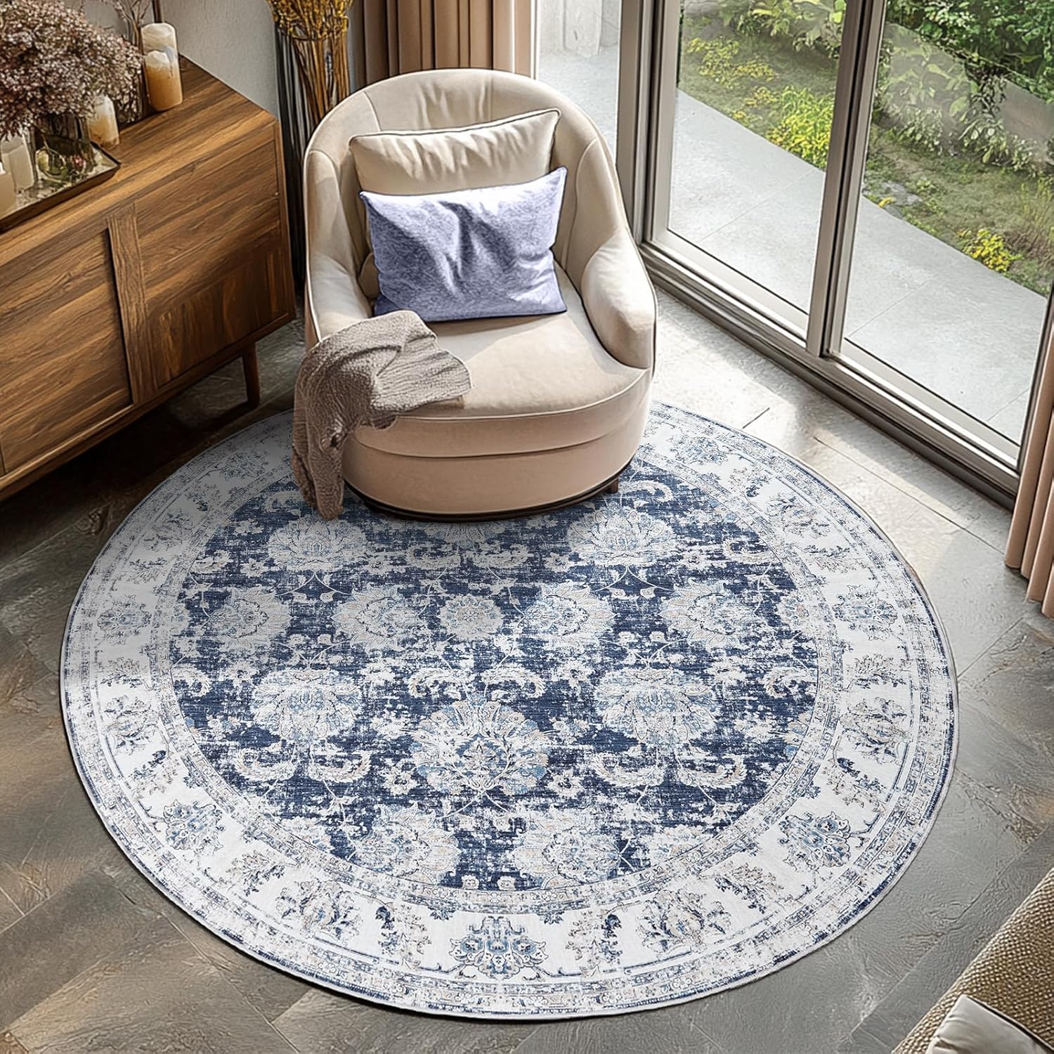 Vintage Floral Round Rug 5ft Area Rug for Cozy Spaces