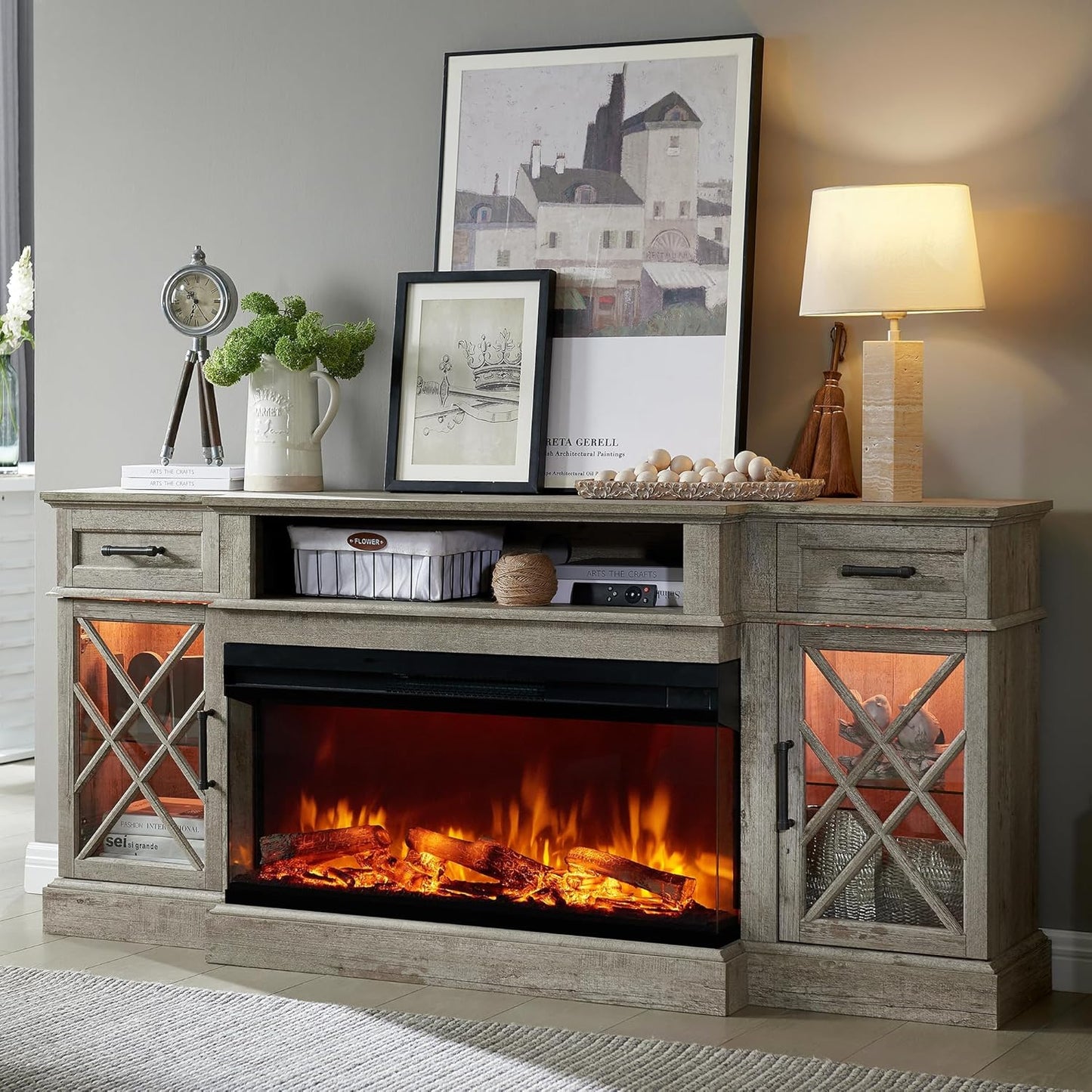 70'' Electric Fireplace TV Stand - 3-Sided Glass, Rustic Oak