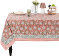 Dark Salmon Pink Hand Block Printed Tablecloth - 70 x 118 Cotton