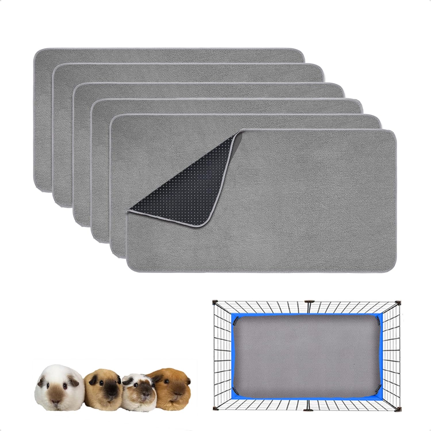 Guinea Pig Cage Liner 6 Pack - Washable Leakproof Fleece Pads