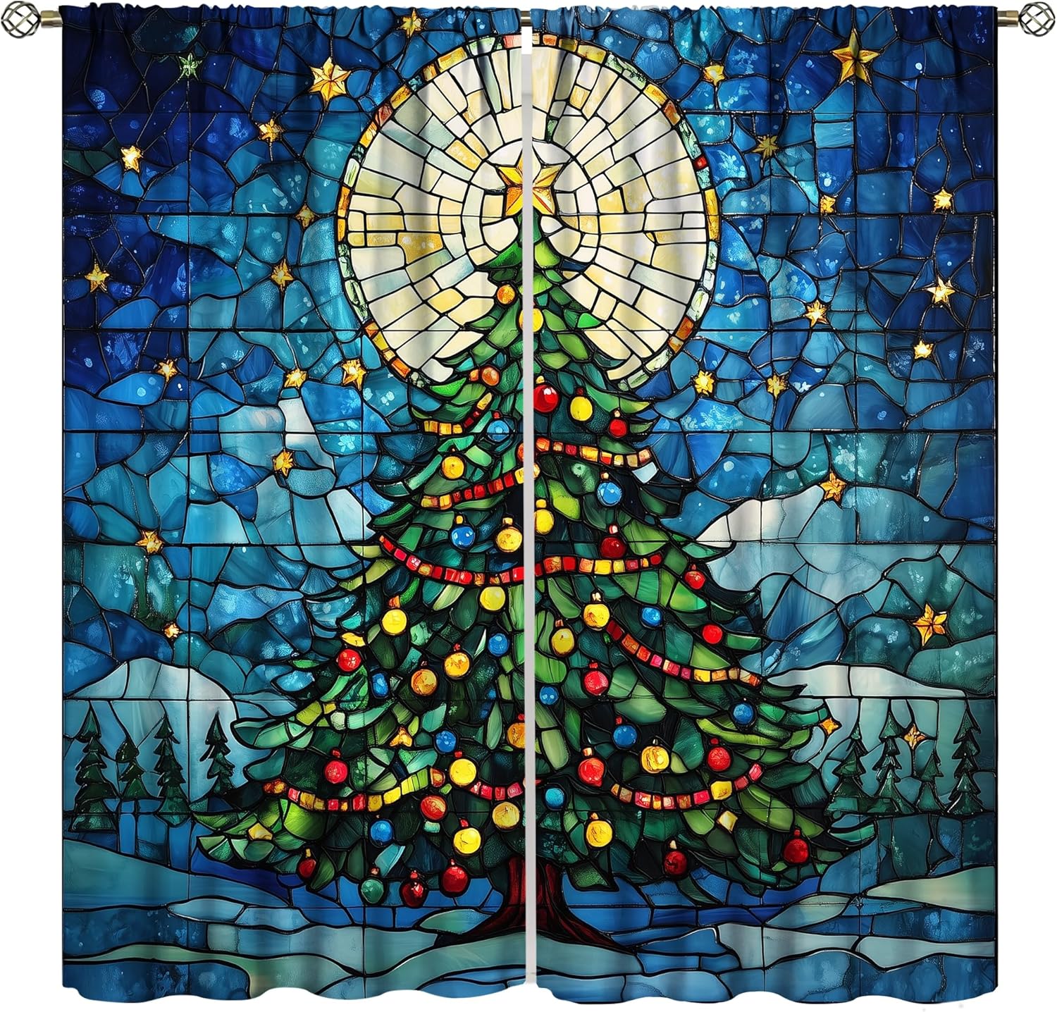 Stained Glass Christmas Tree Curtains: Festive Light-filtering Magic
