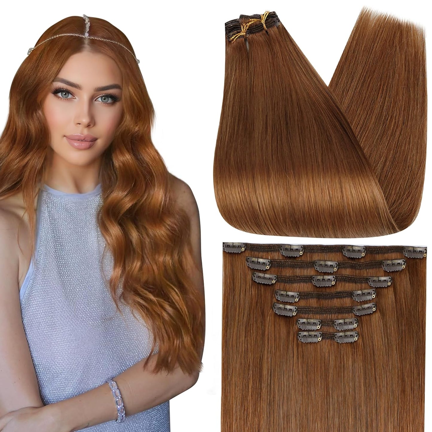 Full Shine Clip in Human Hair Extensions for Vibrant Copper Brown