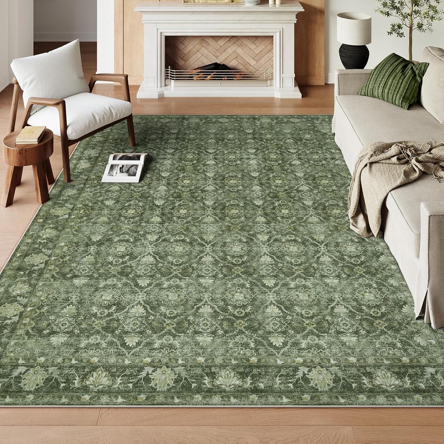 Vintage Green Area Rug 8x10 for Living Room and Bedroom Use