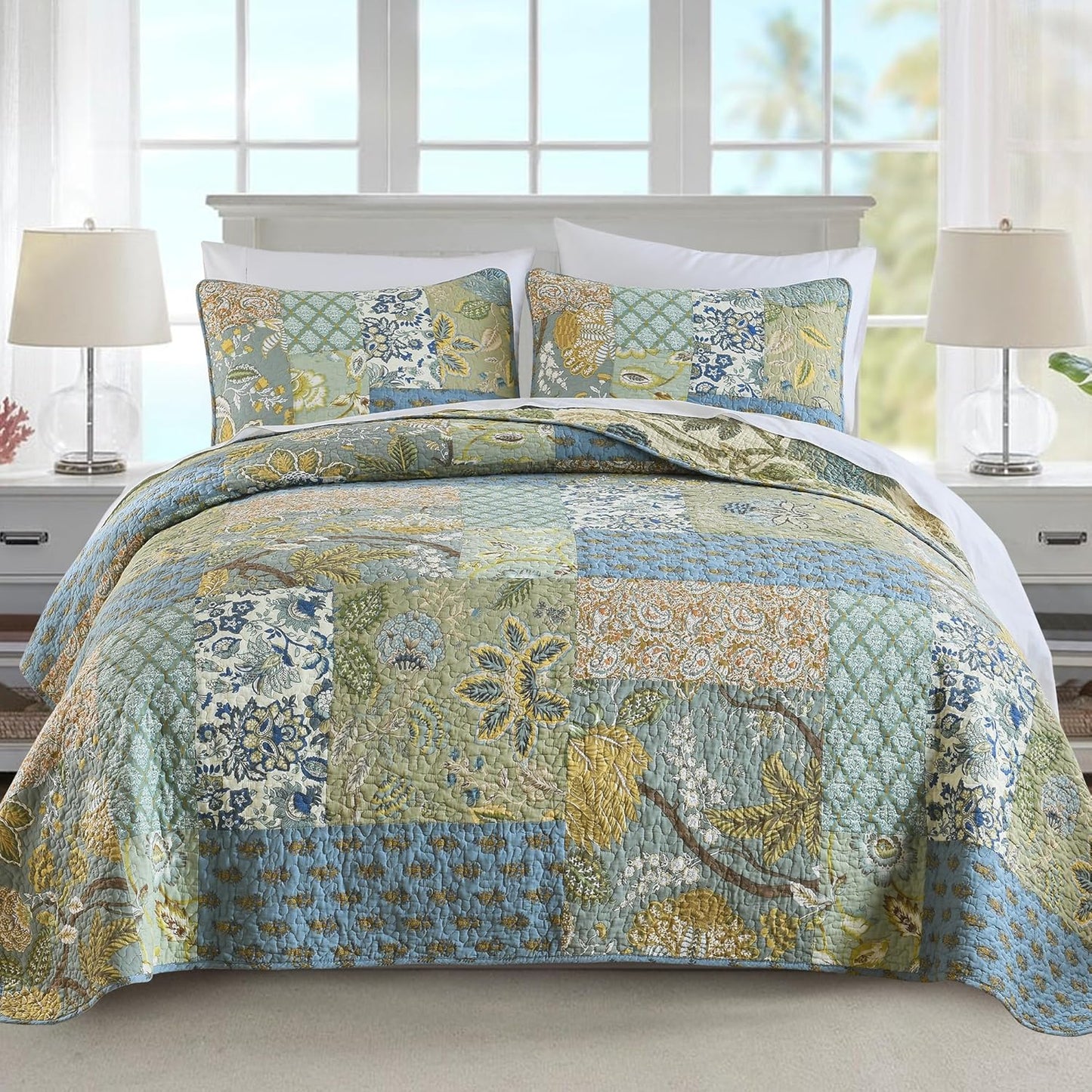 NEWLAKE Quilt Set Queen Size, 100% Cotton Patchwork Green