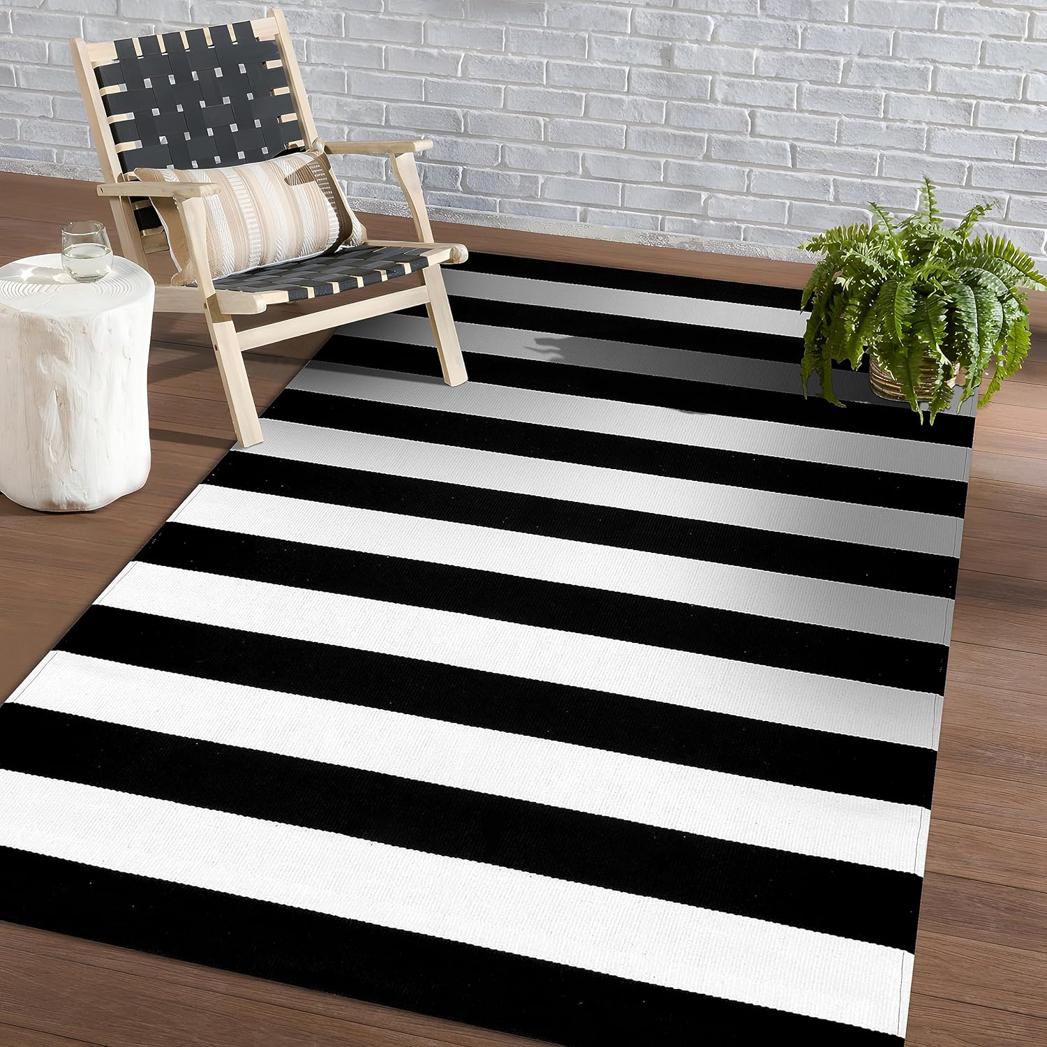 KOZYFLY Black and White Striped Area Rug for Indoor Outdoor Use
