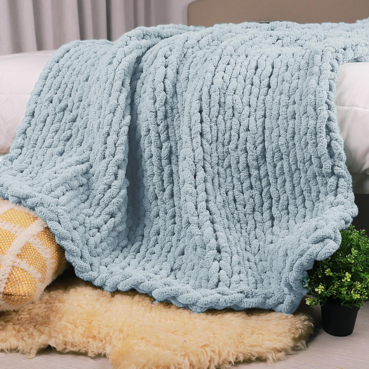 Chunky Knit Throw Blanket 50in X 60in for Cozy Autumn Evenings