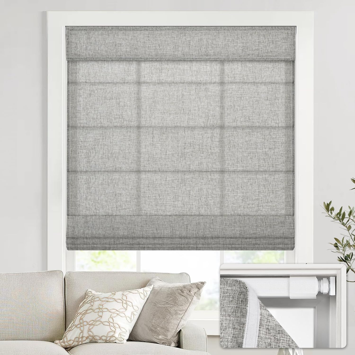 No Drill Cordless Roman Shades for Windows - Light Filtering Grey