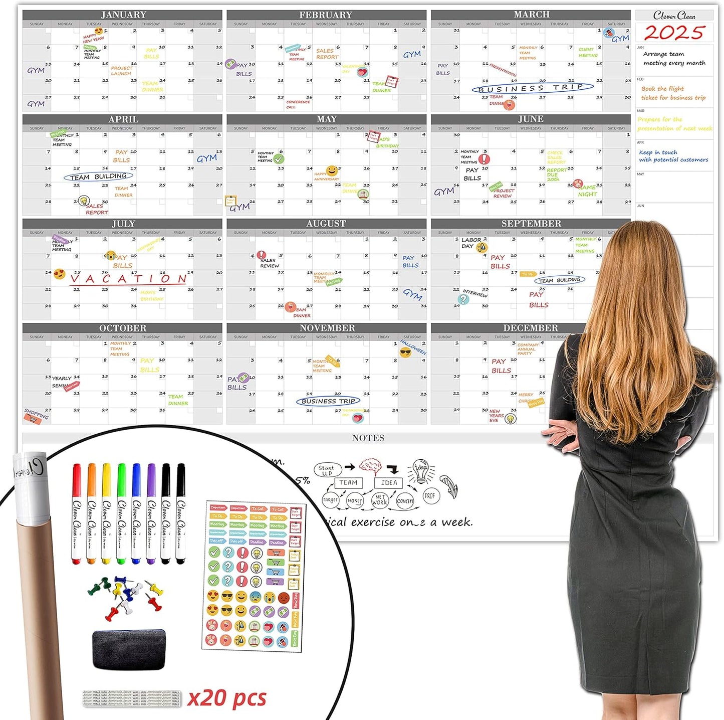 CLEVER CLEAN Large Dry Erase Wall Calendar for Home Office