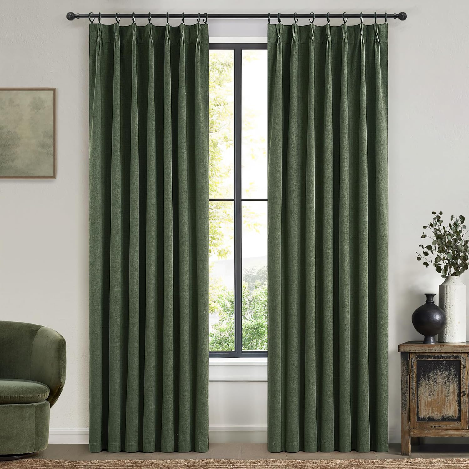 Dark Olive Green Bedroom Curtains Set for Full Light Blocking