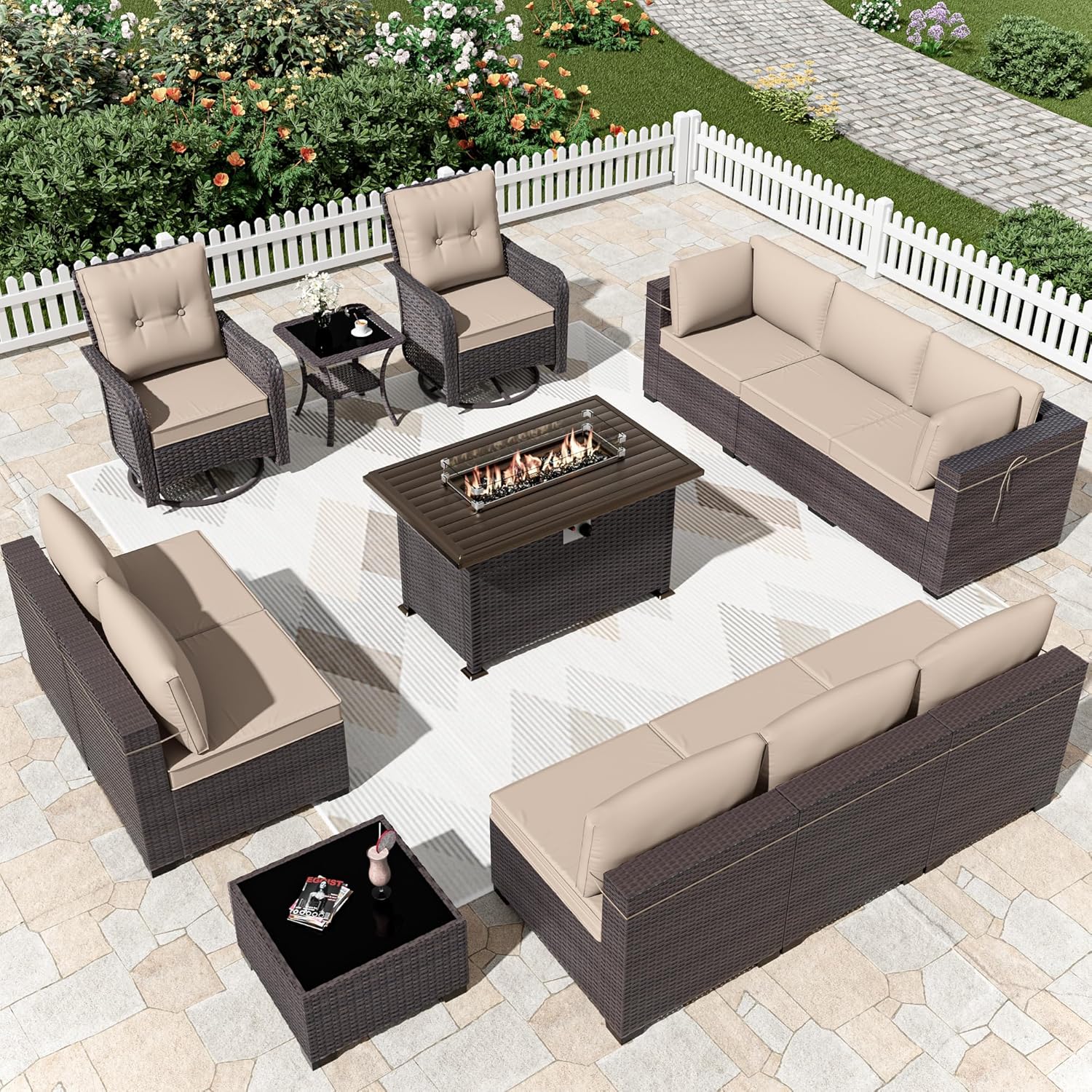 Kurapika 13 Pieces Patio Furniture Set with Fire Pit Table
