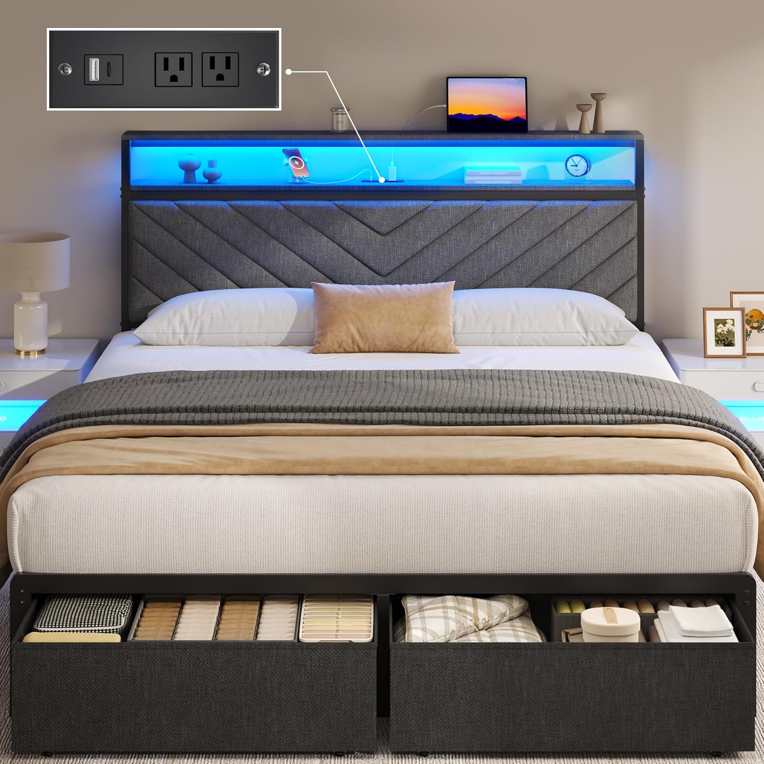 Queen Bed Frame with 2 Drawers and LED Lights for Storage