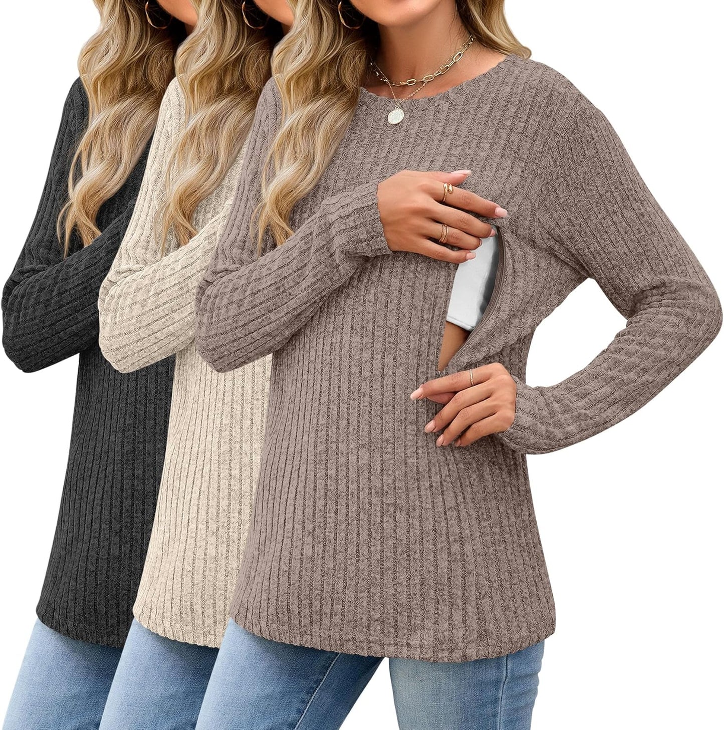 3 Pack Women's Nursing Long Sleeve Tops for Breastfeeding Comfort