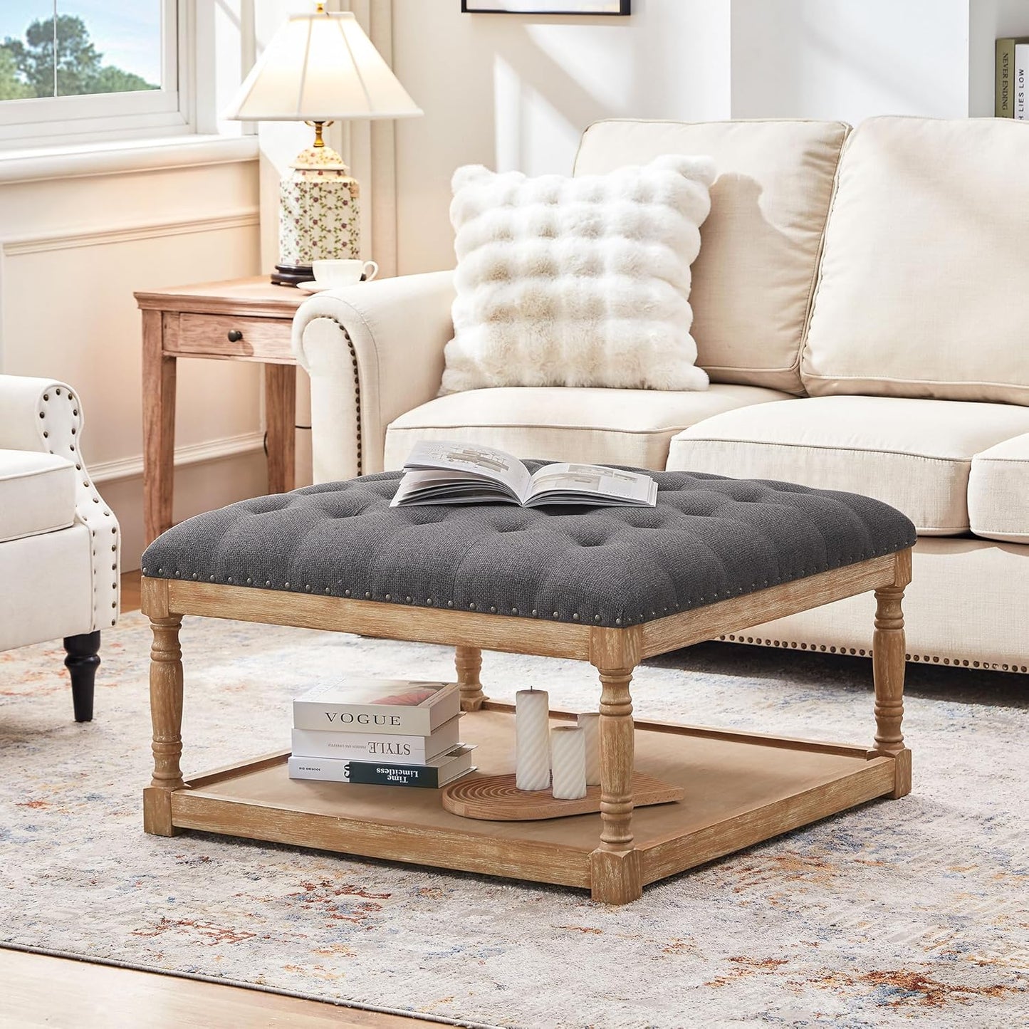 Large Tufted Ottoman with Storage Shelf - Versatile & Stylish!